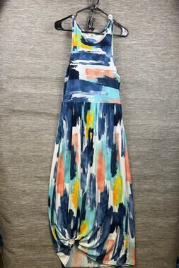 Egs Dress Womens L Blue Abstract Geometric Maxi Sundress Scoop Neck Sleeveless